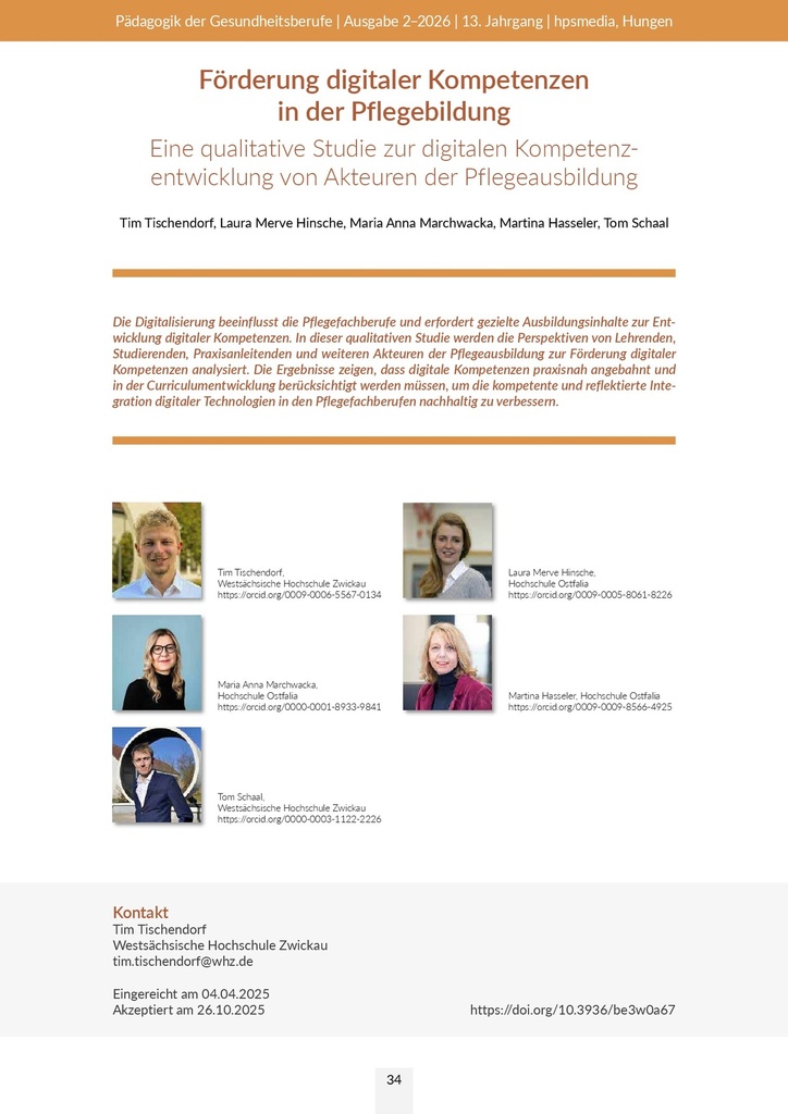 Förderung digitaler Kompetenzen in der Pflegebildung. Eine qualitative Studie zur digitalen Kompetenzentwicklung von Akteuren der Pflegeausbildung