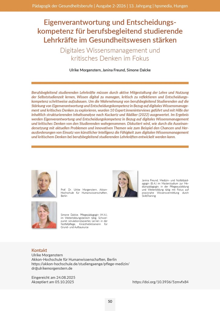 Eigenverantwortung und Entscheidungskompetenz für berufsbegleitend studierende Lehrkräfte im Gesundheitswesen stärken – Digitales Wissensmanagement und kritisches Denken im Fokus