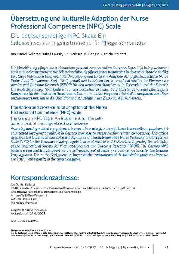 Übersetzung und kulturelle Adaption der Nurse Professional Competence (NPC) Scale. Die deutschsprachige NPC Skala: Ein Selbsteinschätzungsinstrument für Pflegekompetenz