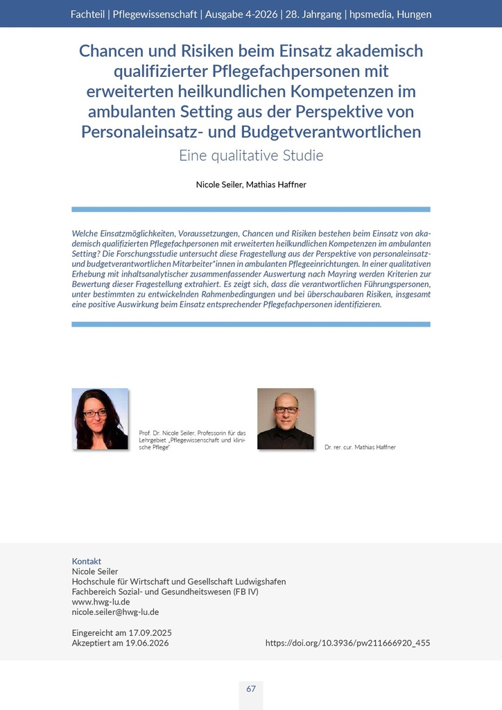 Chancen und Risiken beim Einsatz akademisch qualifizierter Pflegefachpersonen mit erweiterten heilkundlichen Kompetenzen im ambulanten Setting aus der Perspektive von Personaleinsatz- und Budgetverantwortlichen