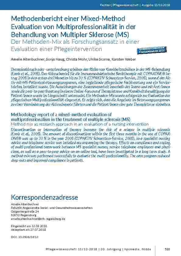 Methodenbericht einer Mixed-Method Evaluation von Multiprofessionalität in der Behandlung von Multipler Sklerose (MS). Der Methoden-Mix als Forschungsansatz in einer Evaluation einer Pflegeintervention