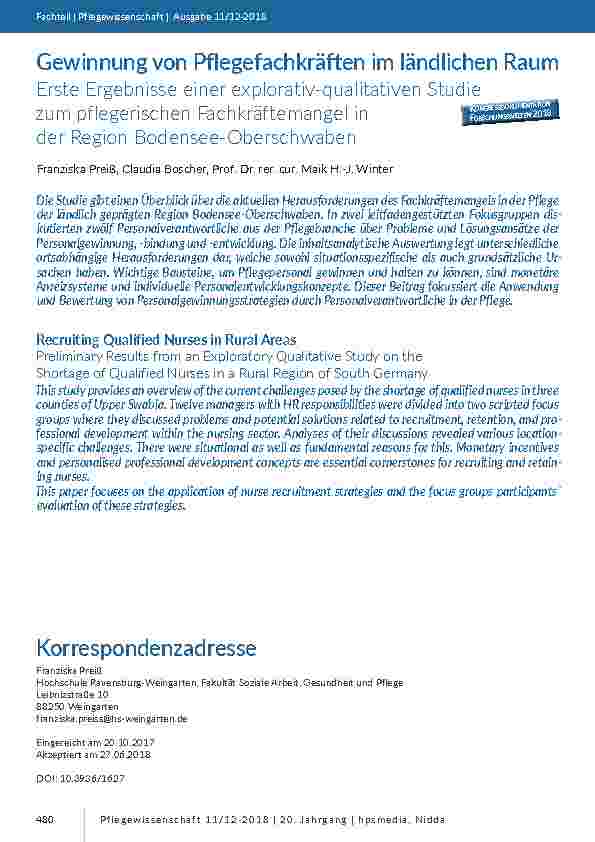 Gewinnung von Pflegefachkräften im ländlichen Raum. Erste Ergebnisse einer explorativ-qualitativen Studie zum pflegerischen Fachkräftemangel in der Region Bodensee-Oberschwaben