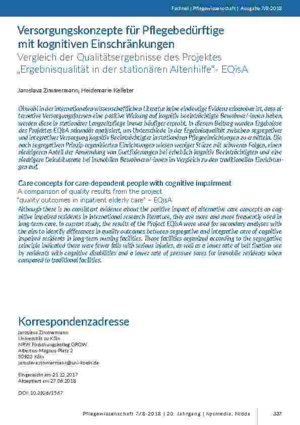 Versorgungskonzepte für Pflegebedürftige mit kognitiven Einschränkungen. Vergleich der Qualitätsergebnisse des Projektes „Ergebnisqualität in der stationären Altenhilfe“- EQisA