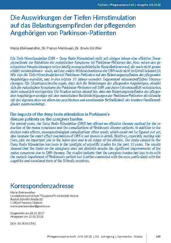 [doc_201674] Die Auswirkungen der Tiefen Hirnstimulation auf das Belastungsempfinden der pflegenden Angehörigen von Parkinson-Patienten