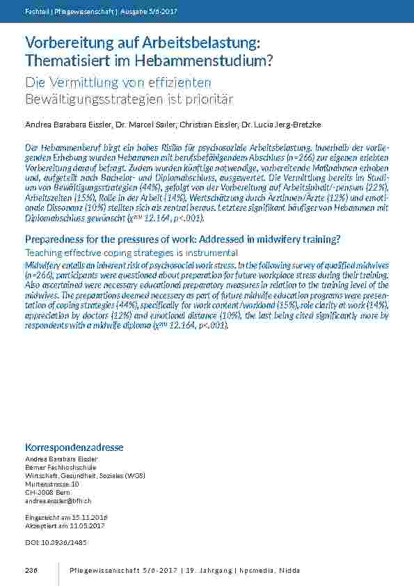 Vorbereitung auf Arbeitsbelastung: Thematisiert im Hebammenstudium? Die Vermittlung von effizienten Bewältigungsstrategien ist prioritär