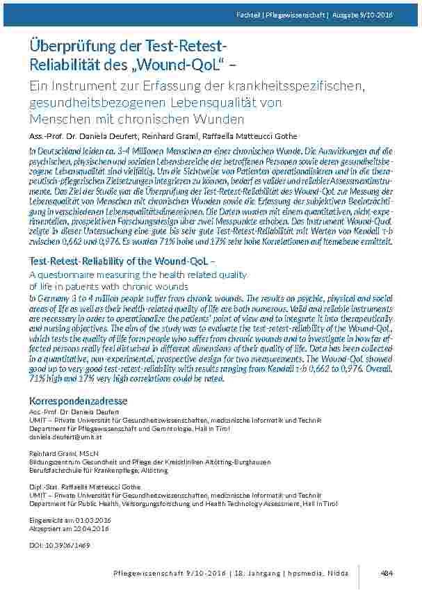 [doc_201540] Überprüfung der Test-Retest-Reliabilität des „Wound-QoL“ – Ein Instrument zur Erfassung der krankheitsspezifischen, gesundheitsbezogenen Lebensqualität von Menschen mit chronischen Wunden