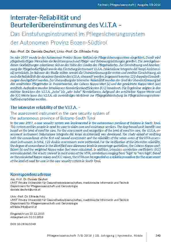 Interrater-Reliabilität und Beurteilerübereinstimmung des V. I. T. A – Das Einstufungsinstrument im Pflegesicherungssystem der Autonomen Provinz Bozen-Südtirol