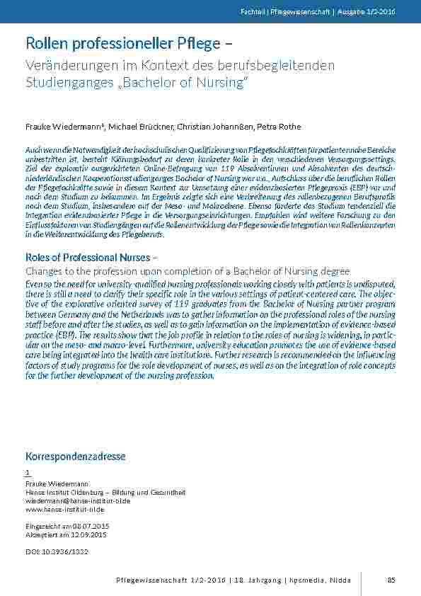 [doc_201474] Rollen professioneller Pflege – Veränderungen im Kontext des berufsbegleitenden Studienganges „Bachelor of Nursing“