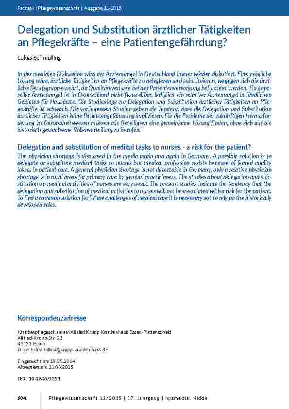 Delegation und Substitution ärztlicher Tätigkeiten an Pflegekräfte – eine Patientengefährdung?