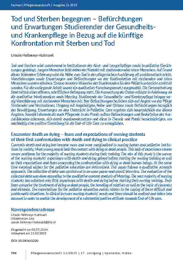 Tod und Sterben begegnen – Befürchtungen und Erwartungen Studierender der Gesundheitsund Krankenpflege in Bezug auf die künftige Konfrontation mit Sterben und Tod
