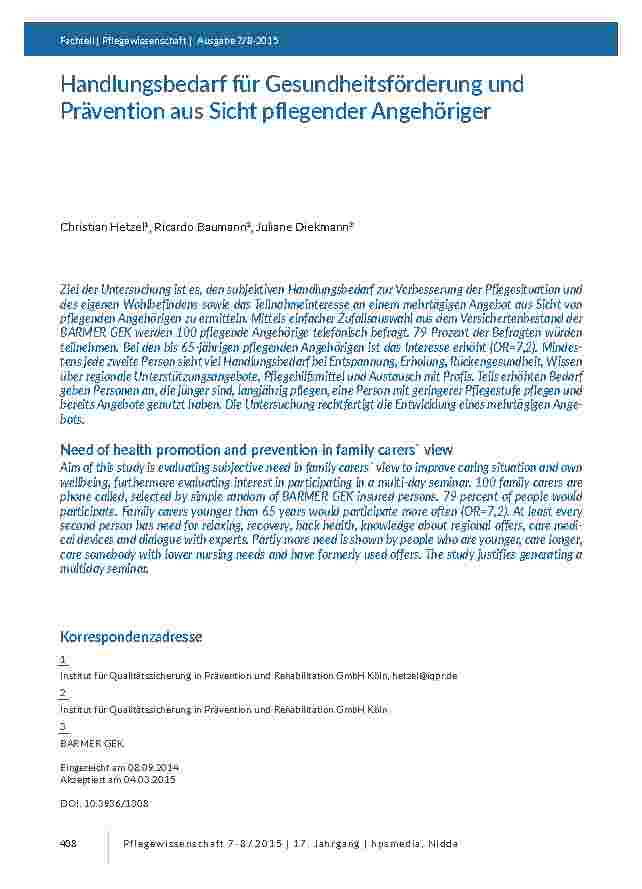 [doc_201419] Handlungsbedarf für Gesundheitsförderung und Prävention aus Sicht pflegender Angehöriger