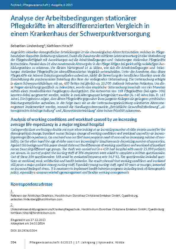 [doc_201409] Analyse der Arbeitsbedingungen stationärer Pflegekräfte im altersdifferenzierten Vergleich in einem Krankenhaus der Schwerpunktversorgung