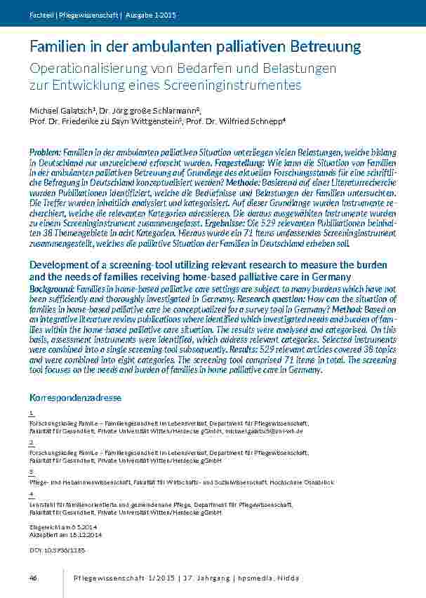 Familien in der ambulanten palliativen Betreuung. rOperationalisierung von Bedarfen und Belastungen zur Entwicklung eines Screeninginstrumentes.