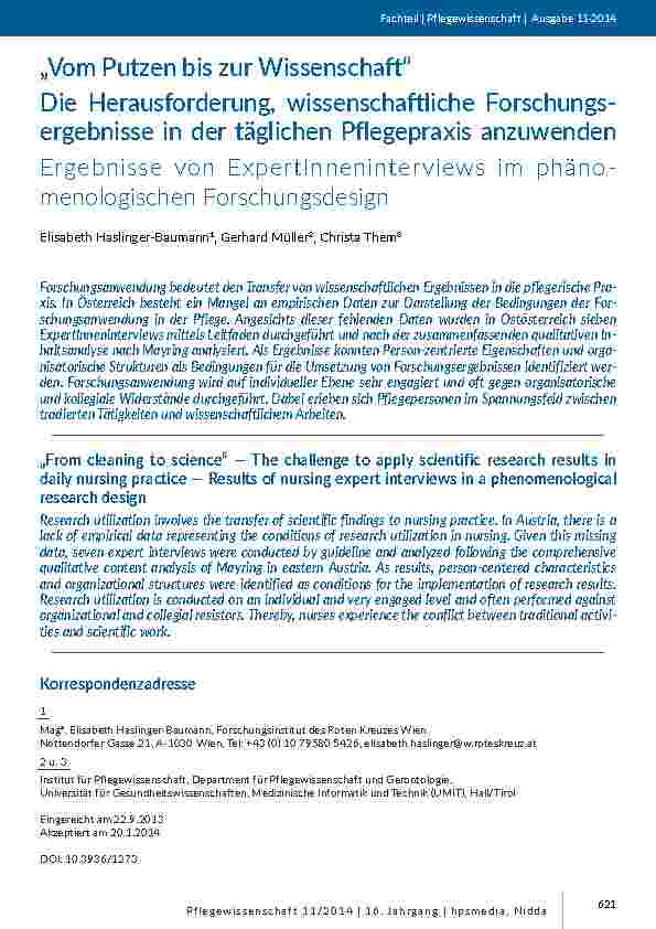 „Vom Putzen bis zur Wissenschaft“rDie Herausforderung, wissenschaftliche Forschungsergebnisse in der täglichen Pflegepraxis anzuwendenrErgebnisse von ExpertInneninterviews im phänomenologischen Forschungsdesign