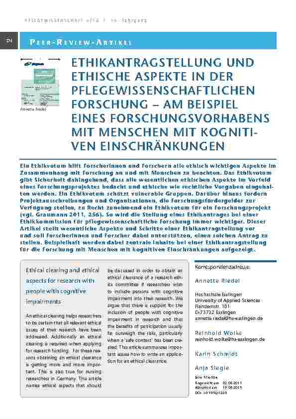 Ethikantragstellung und ethische Aspekte in der pflegewissenschaftlichen Forschung – am Beispiel eines Forschungsvorhabens mit Menschen mit kognitiven Einschränkungen
