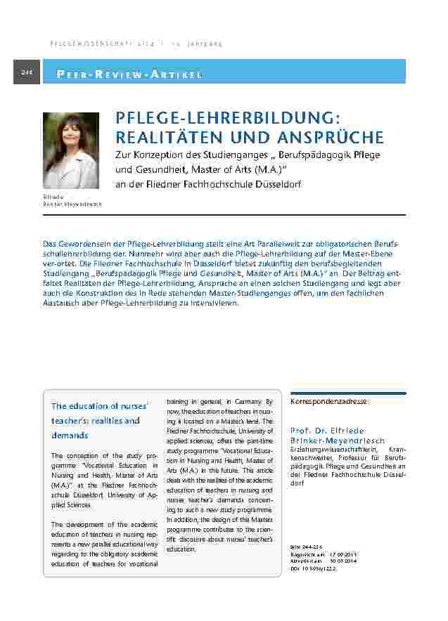 [doc_201344] Pflege-Lehrerbildung: Realitäten und Ansprüche. Zur Konzeption des Studienganges „ Berufspädagogik Pflege und Gesundheit, Master of Arts (M.A.)“ an der Fliedner Fachhochschule Düsseldorf